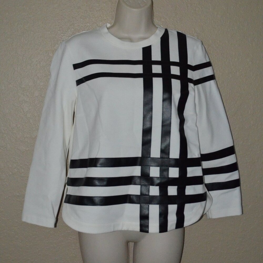 NWOT Sz 6 AKRIS White Black Faux Leather Detail Long Sleeve Blouse Top